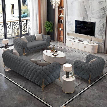 Spacious Rocky Chesterfield Sofa Set in Luxury Grey Faux Leather with Gold Legs - UK Luxury Furniture